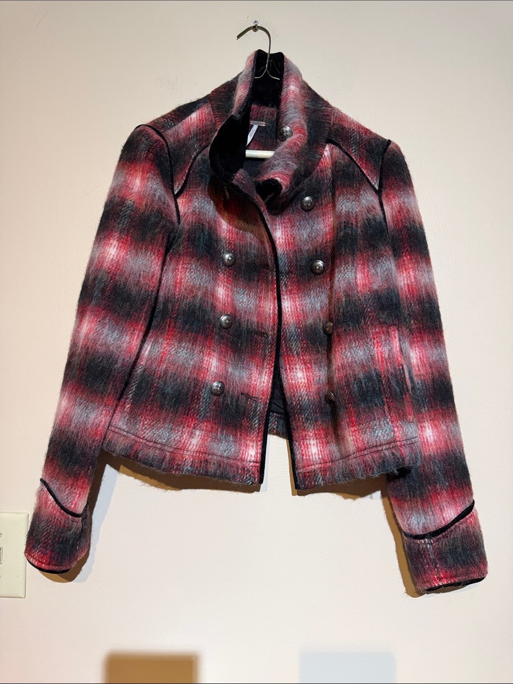 Free People Red and Black Plaid Double-Breasted Pea Coat